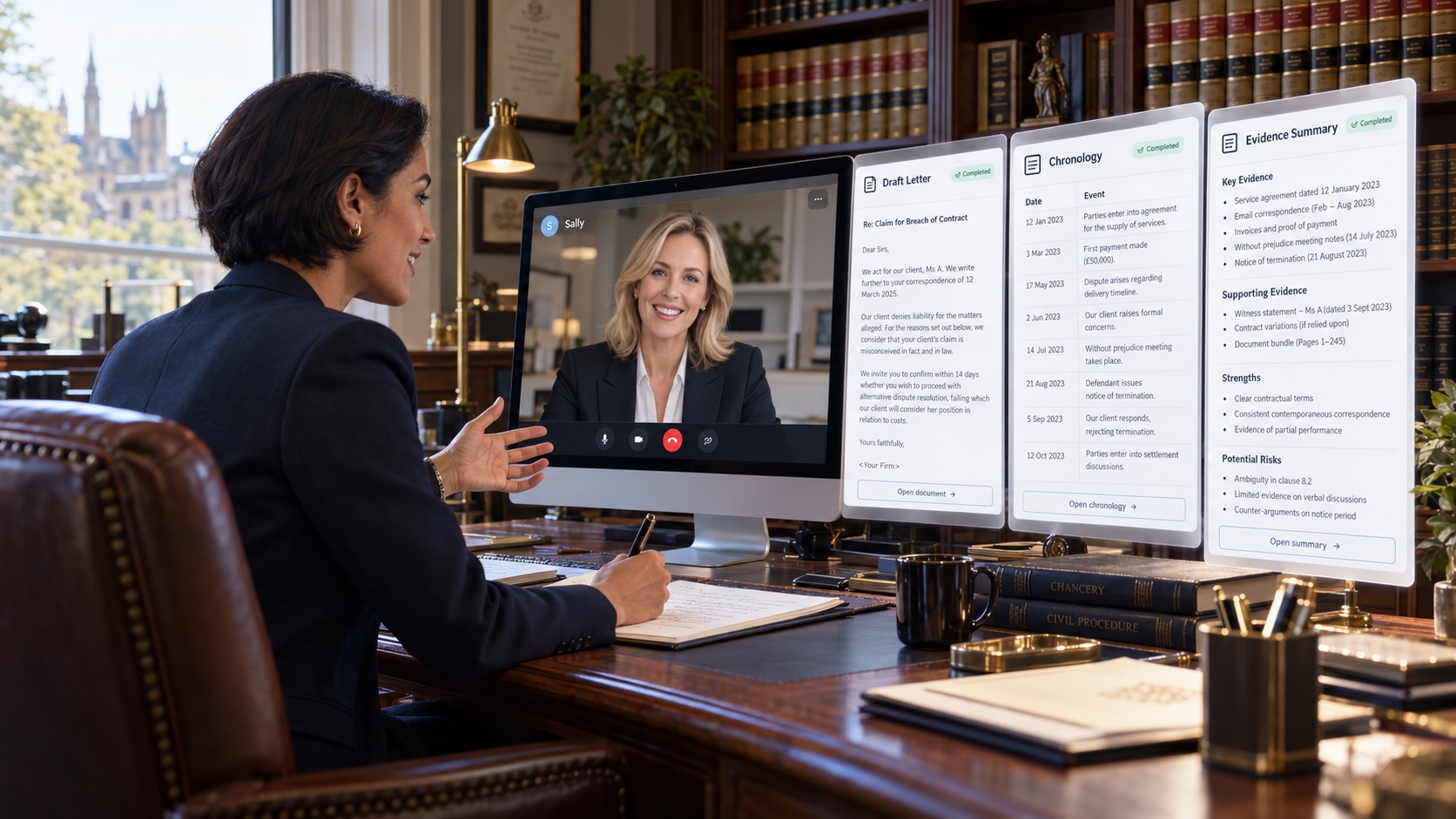 A lawyer in chambers writes on a notepad while talking to Sally, Counsel's face, on her desktop screen. Beside the screen are the draft letter, chronology and evidence summary Sally prepared.