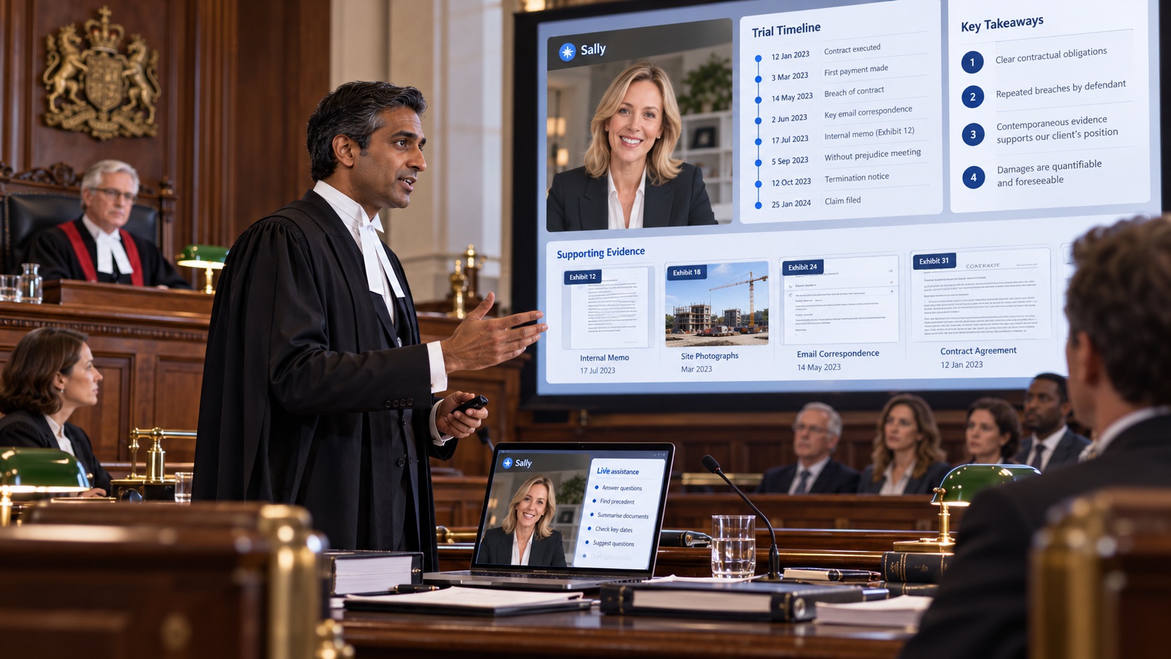 A barrister addresses the court, with Sally on the laptop at the bar table and the evidence on the court's screen.