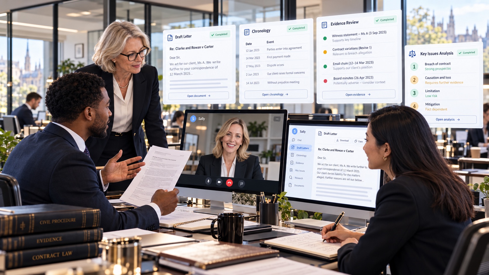 A legal team in an open-plan office on a call with Sally on screen. One lawyer holds up a document; beside them are the draft letter, chronology, evidence review and key issues Sally prepared.