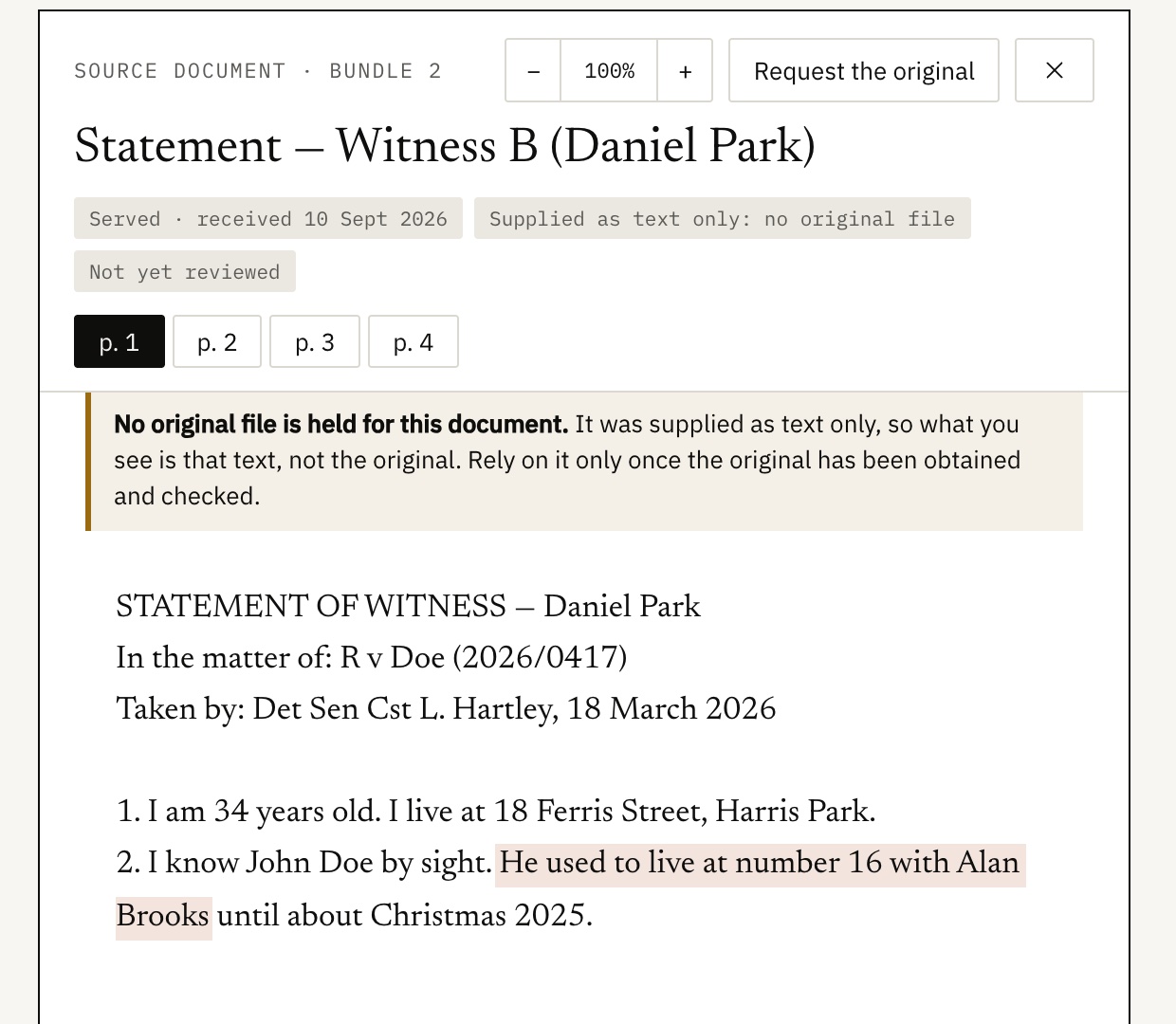 A witness statement opened from a citation with the quoted passage highlighted, and a notice that no original file is held, so the text should be relied on only once the original is checked.