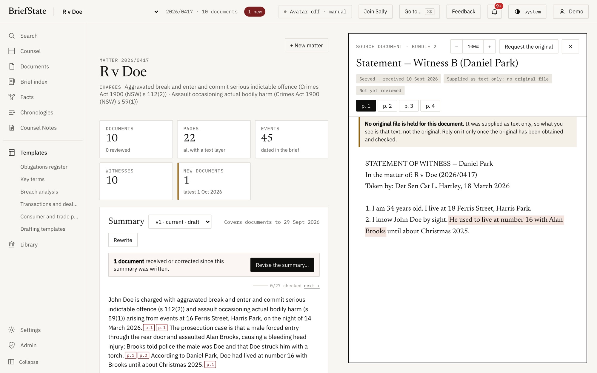BriefState showing a matter summary with page citations beside the witness statement it cites, opened with the quoted passage highlighted.